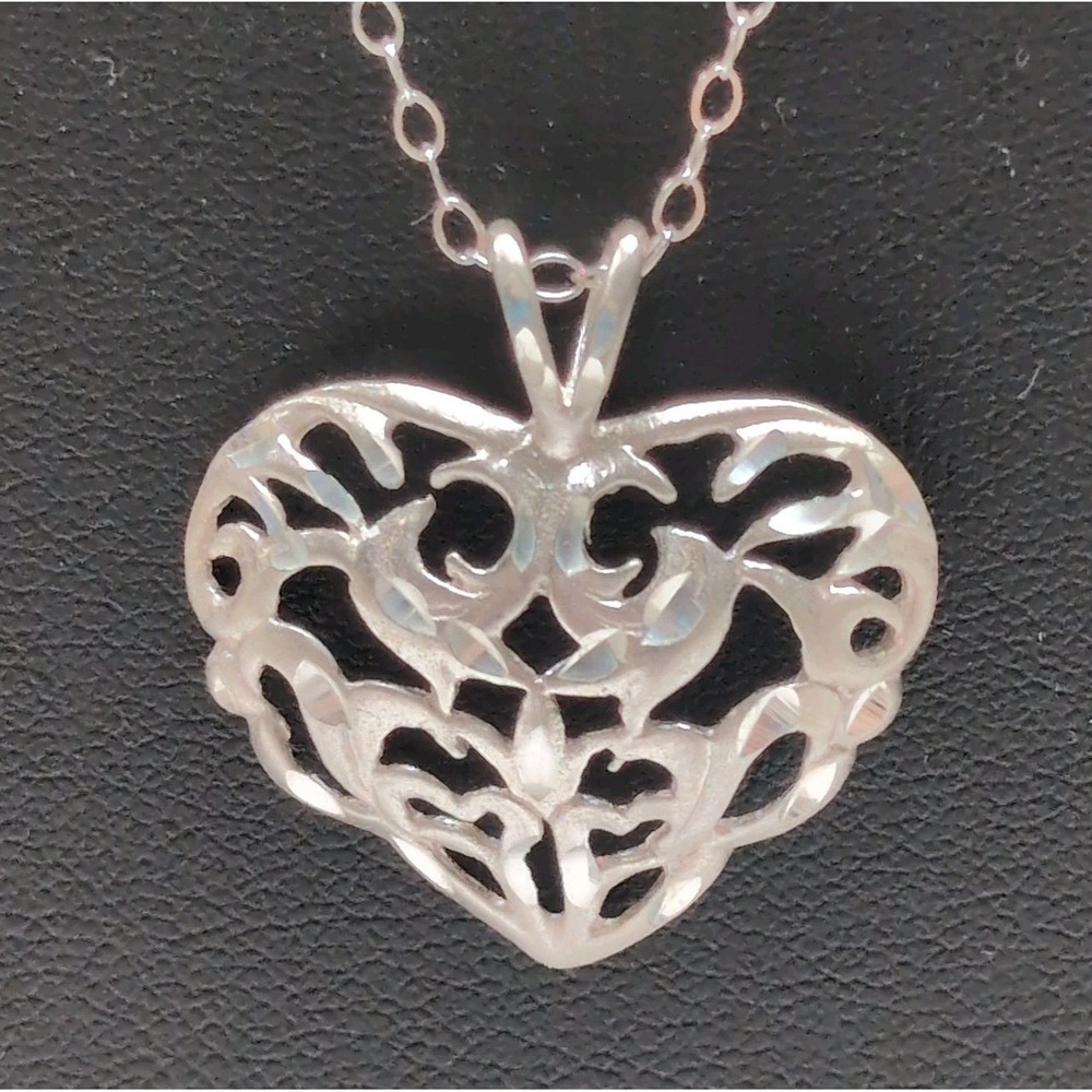 Vtg Avon Sterling Silver 925 Diamond Cut Filigree Heart Pendant Necklace 18" NEW